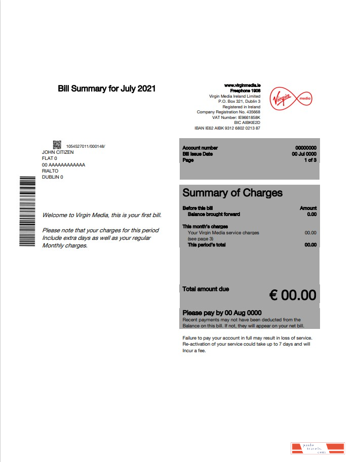 Ireland Virgin Media utility bill template editable in Word and PDF, version 1